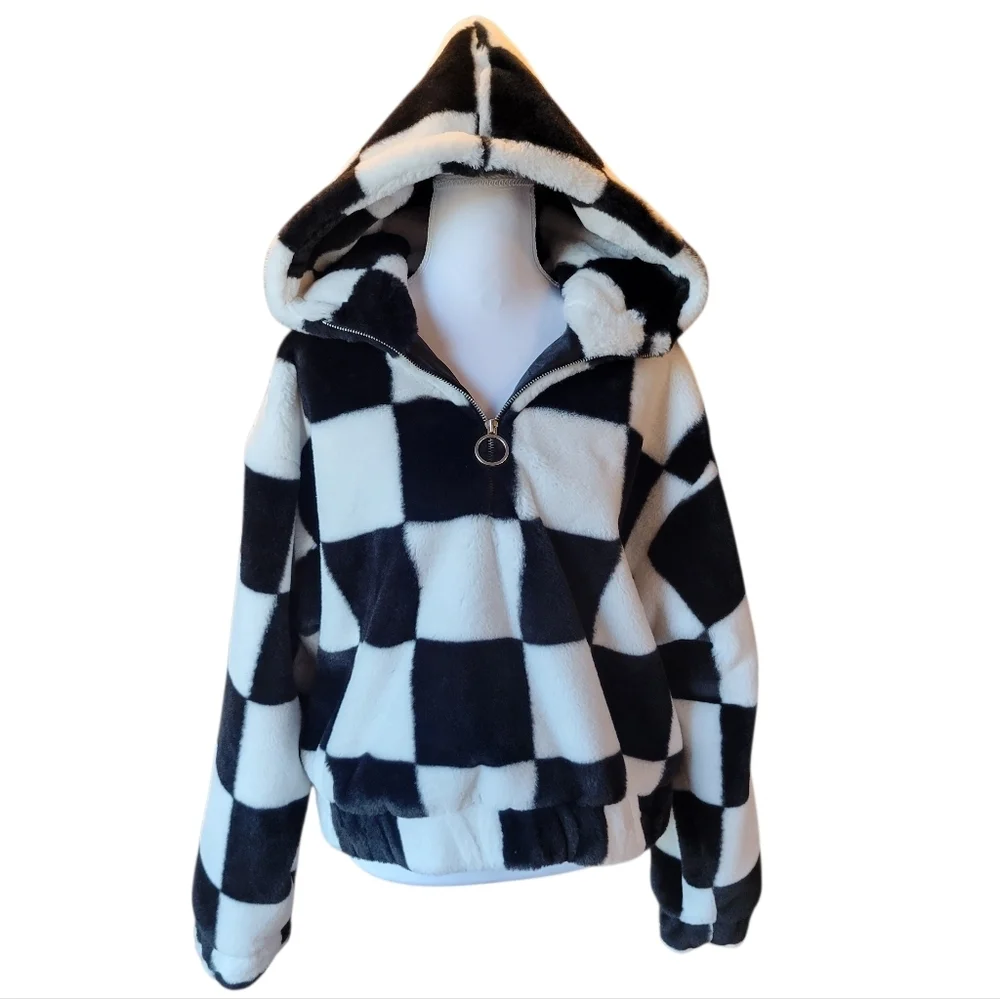 Forever 21 Faux Fur Black White Checkered Half Zip Pullover Hoodie Sweater